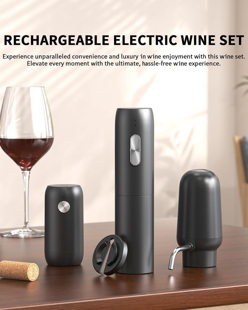 CircleJoy Electric Wine Bottle Opener Set Rechargeable 5-in-1 Wine Set with Foil Cutter, Electric Wine Opener, Electric 2in-1 Wine Aerator & Pourer, Electric Vacuum Wine Stopper, Black Silver - Image 2